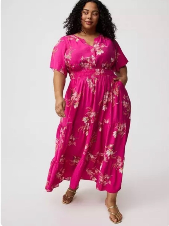 torrid Dresses & Skirts - NWOT Torrid Hot Pink Floral Y-Neck Tiered Maxi Dress
